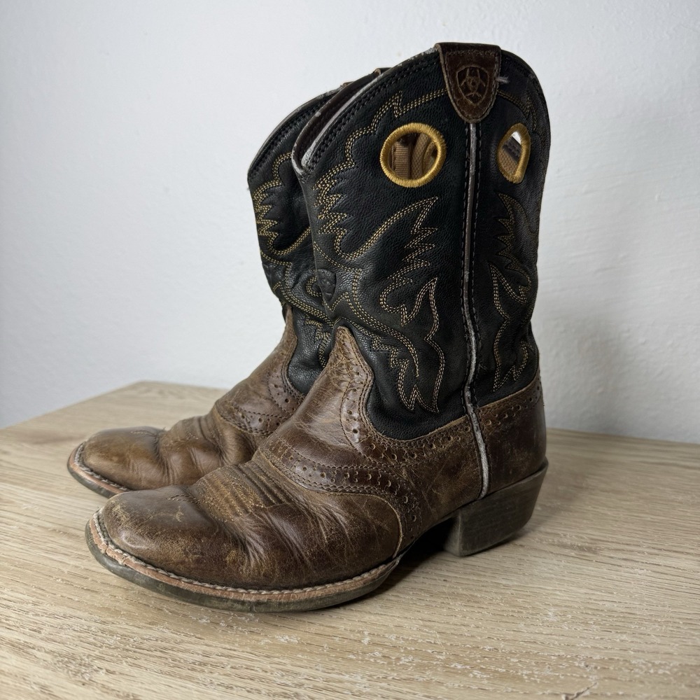 Ariat Heritage Roughstock Brown & Black Leather Western Cowboy Boots Kids Size 1